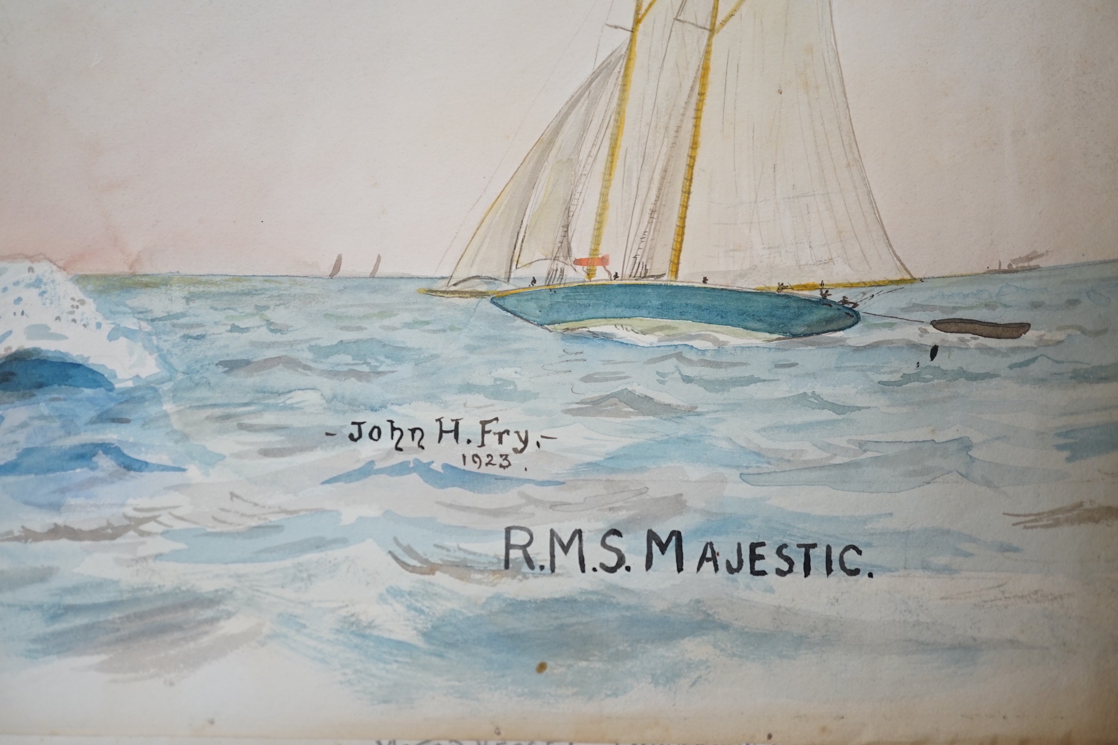 John Hemming Fry (1860-1946), two watercolours, Illustrations of the RMS Majestic and RMS Caernarvon Castle, signed, 47 x 70cm, unframed (original postcards artwork)